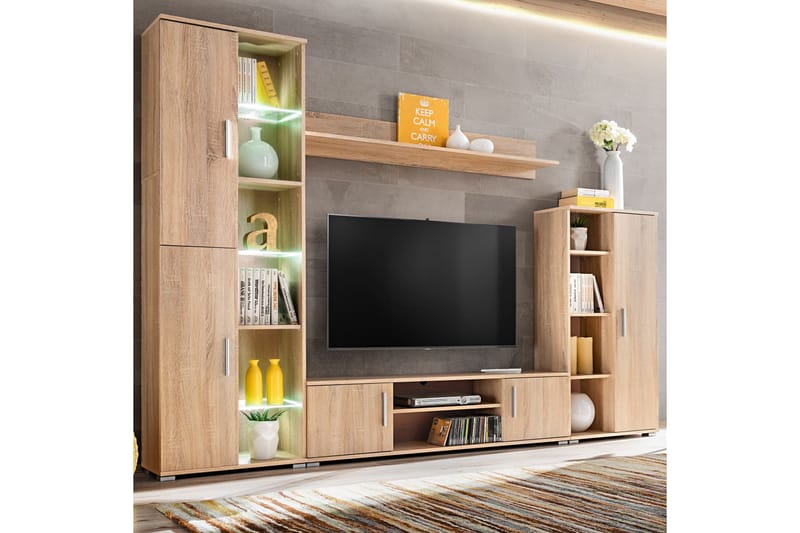 TV-veggenhet med LED-lys sonoma eik - Beige - TV-benk & mediabenk