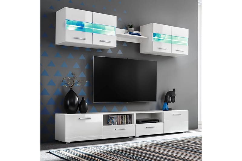 TV Veggenhet sett 5 stk med LED-lys høyglans hvit - Hvit Høyglans - Møbler - Mediamøbel & tv møbel - TV-benk & mediabenk