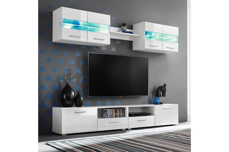 TV Veggenhet sett 5 stk med LED-lys høyglans hvit - Hvit Høyglans - TV-benk & mediabenk