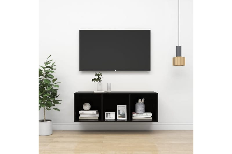 Vegghengt TV-benk høyglans svart 37x37x107 cm sponplate - Svart - TV-benk & mediabenk
