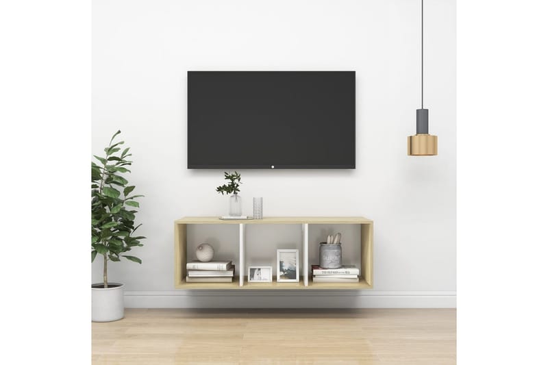 Vegghengt TV-benk sonoma eik og hvit 37x37x107 cm sponplate - Beige - Møbler - Mediamøbel & tv møbel - TV-benk & mediabenk