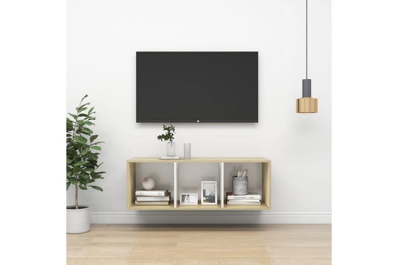Vegghengt TV-benk sonoma eik og hvit 37x37x107 cm sponplate - Beige - TV-benk & mediabenk