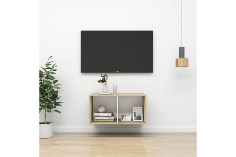 Vegghengt TV-benk sonoma eik og hvit 37x37x72 cm sponplate - Beige - Møbler - Mediamøbel & tv møbel - TV-benk & mediabenk