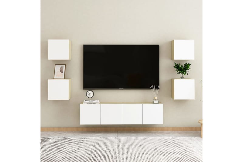Vegghengte TV-benker 2 stk hvit og sonoma eik 30,5x30x30 cm - Beige - TV-benk & mediabenk