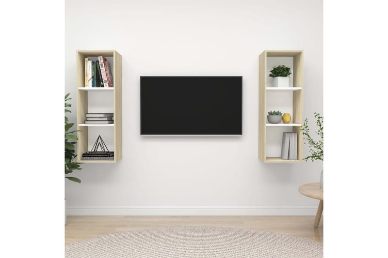 Vegghengte TV-benker 2 stk hvit og sonoma eik sponplate - Beige - TV-benk & mediabenk