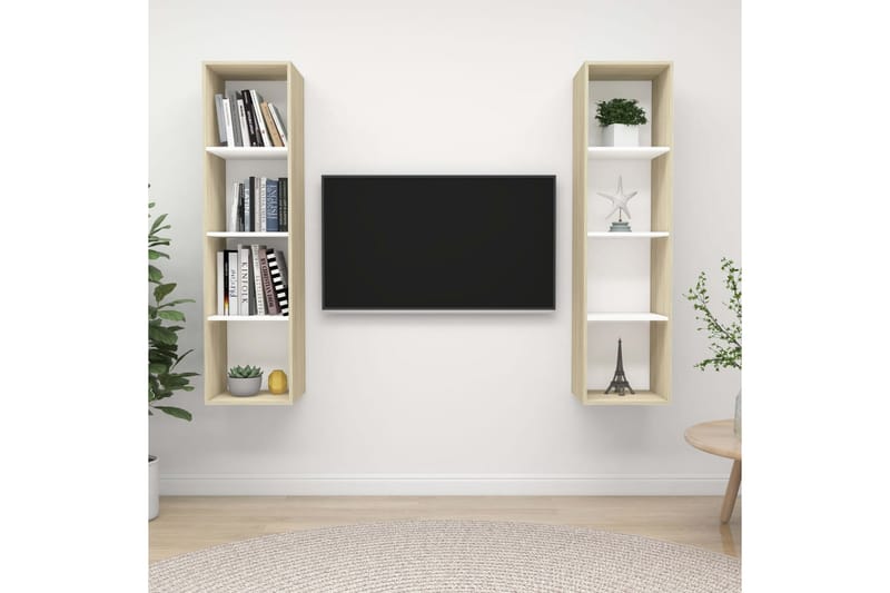 Vegghengte TV-benker 2 stk hvit og sonoma eik sponplate - Beige - Møbler - Mediamøbel & tv møbel - TV-benk & mediabenk
