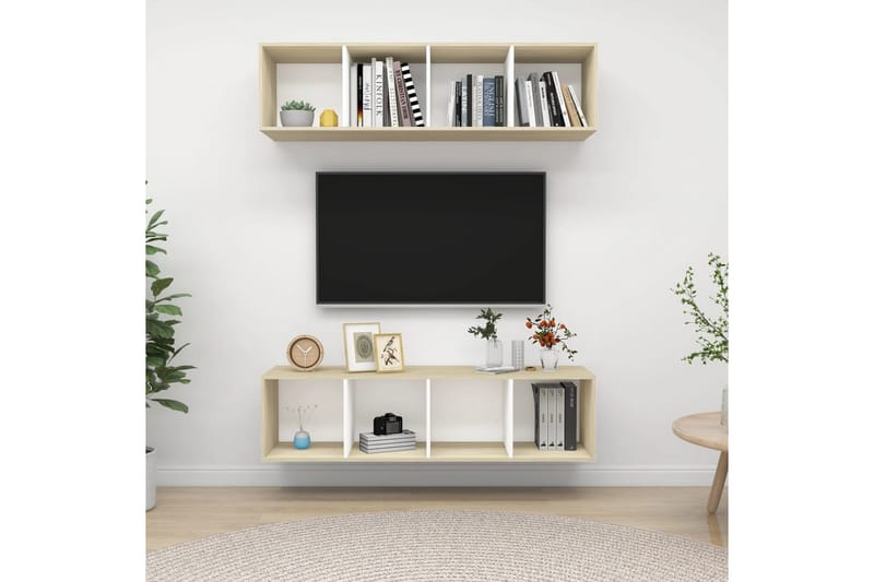 Vegghengte TV-benker 2 stk hvit og sonoma eik sponplate - Beige - Møbler - Mediamøbel & tv møbel - TV-benk & mediabenk