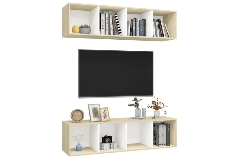 Vegghengte TV-benker 2 stk hvit og sonoma eik sponplate - Beige - Møbler - Mediamøbel & tv møbel - TV-benk & mediabenk