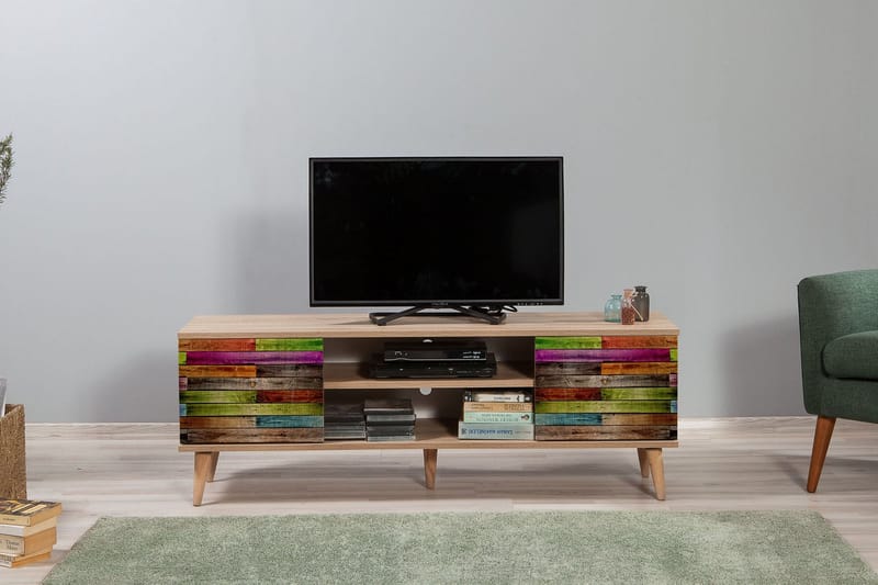Vellavie TV-benk 140 cm Regnbuepanel - Brun/Rød/Grønn - Møbler - Mediamøbel & tv møbel - TV-benk & mediabenk