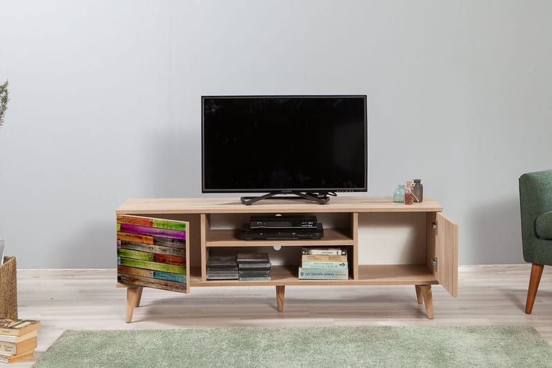 Vellavie TV-benk 140 cm Regnbuepanel - Brun/Rød/Grønn - Møbler - Mediamøbel & tv møbel - TV-benk & mediabenk