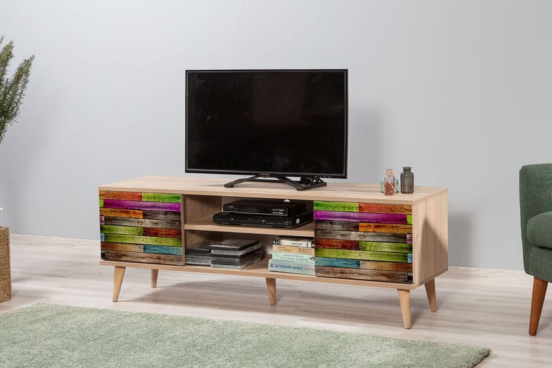 Vellavie TV-benk 140 cm Regnbuepanel - Brun/Rød/Grønn - Møbler - Mediamøbel & tv møbel - TV-benk & mediabenk
