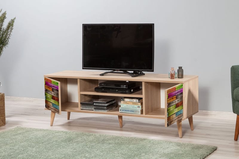 Vellavie TV-benk 140 cm Regnbuepanel - Brun/Rød/Grønn - Møbler - Mediamøbel & tv møbel - TV-benk & mediabenk