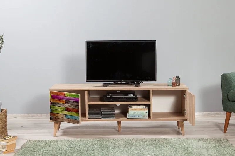 Vellavie TV-benk 140 cm Regnbuepanel - Brun/Rød/Grønn - Møbler - Mediamøbel & tv møbel - TV-benk & mediabenk