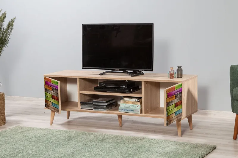 Vellavie TV-benk 140 cm Regnbuepanel - Brun/Rød/Grønn - Møbler - Mediamøbel & tv møbel - TV-benk & mediabenk