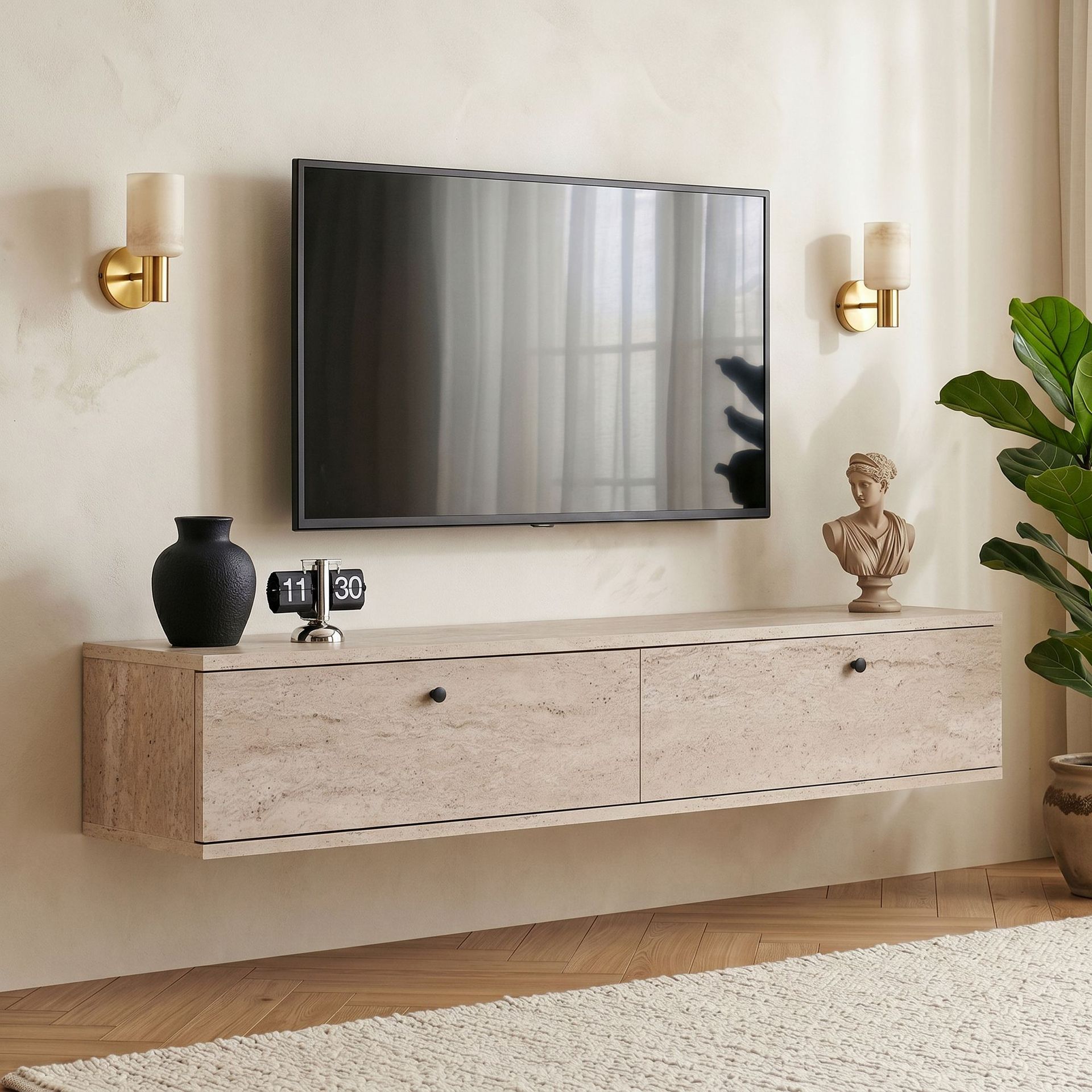TV-benk Nordure Ligne (140 x 25 x 25 cm) Travertin - Travertin