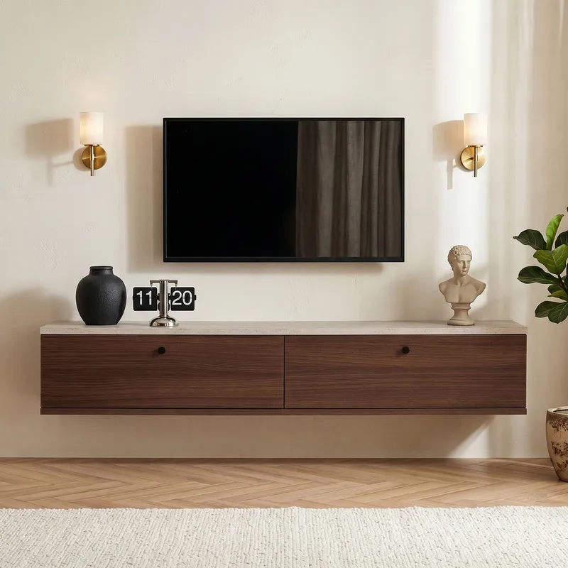 TV-benk Nordure Ligne (140 x 25 x 25 cm) Travertin valnøtt - Travertin og valnøtt - Møbler - Mediamøbel & tv møbel - TV-hylle