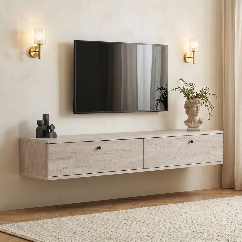 TV-benk Nordure Ligne (160 x 25 x 25 cm) Travertin, Travertin