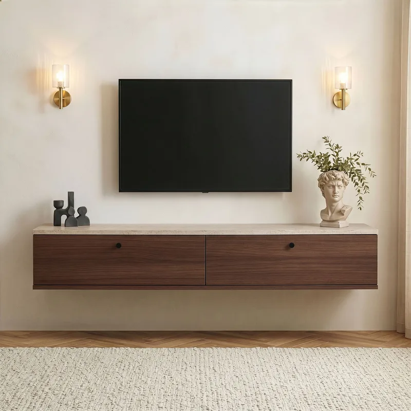 TV-benk Nordure Ligne (160 x 25 x 25 cm) Travertin valnøtt - Travertin og valnøtt - Møbler - Mediamøbel & tv møbel - TV-hylle