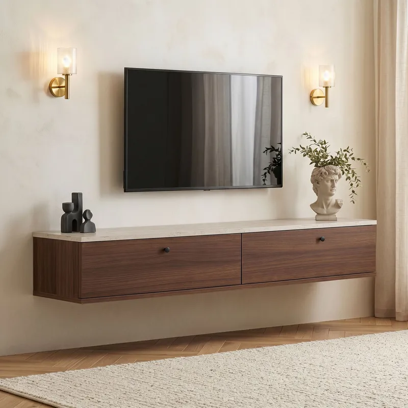 TV-benk Nordure Ligne (160 x 25 x 25 cm) Travertin valnøtt, Travertin og valnøtt