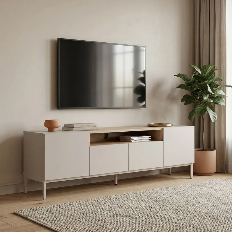 TV-benk Nordure Rivoli (160 x 50 x 35 cm) Sandstein Safir Eik - Sandstone og Sapphire Oak - Møbler - Mediamøbel & tv møbel - TV-benk & mediabenk