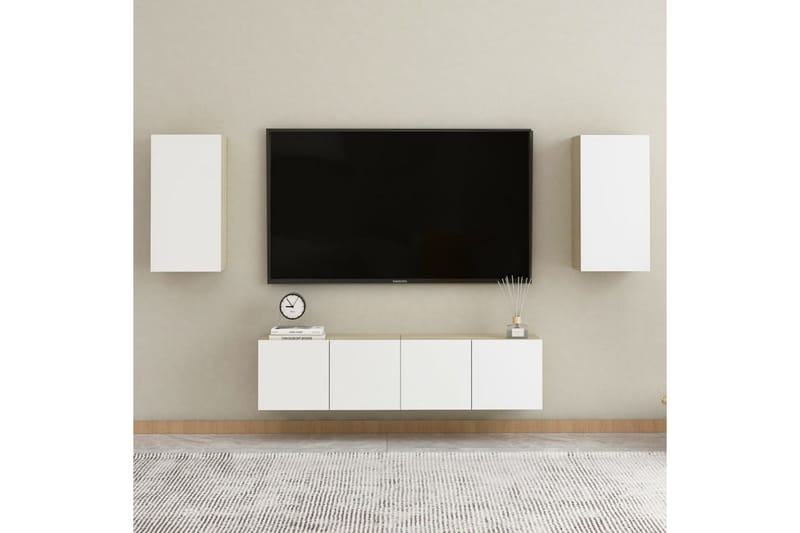 TV-benker 2 stk hvit og sonoma eik 30,5x30x60 cm sponplate - Beige - TV-benk & mediabenk