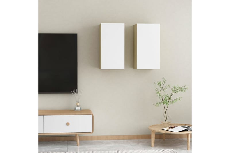 TV-benker 2 stk hvit og sonoma eik 30,5x30x60 cm sponplate - Beige - TV-benk & mediabenk