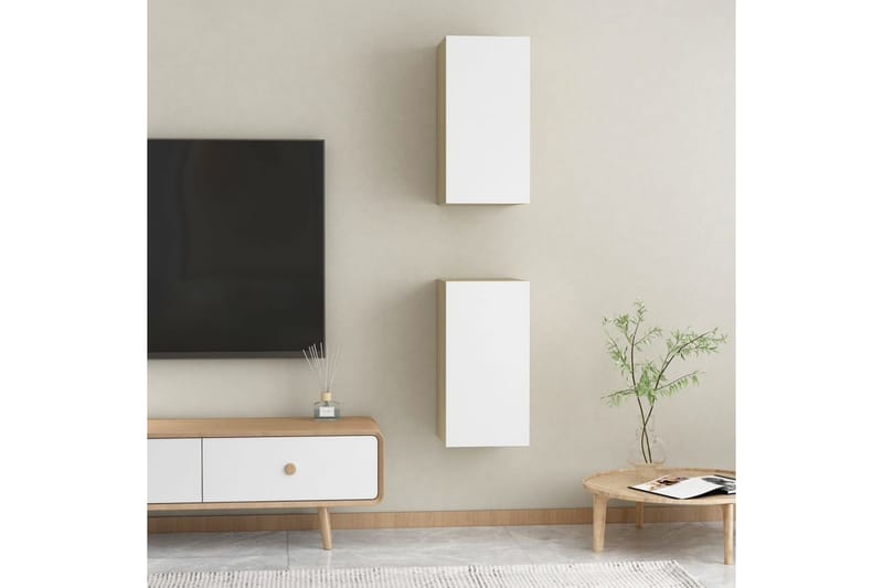 TV-benker 2 stk hvit og sonoma eik 30,5x30x60 cm sponplate - Beige - TV-benk & mediabenk