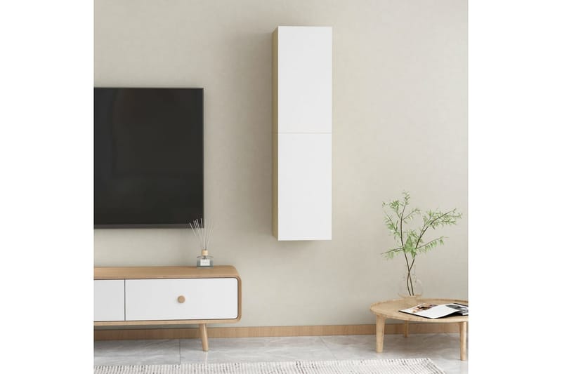 TV-benker 2 stk hvit og sonoma eik 30,5x30x60 cm sponplate - Beige - Møbler - Mediamøbel & tv møbel - TV-benk & mediabenk