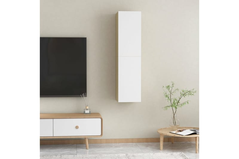 TV-benker 2 stk hvit og sonoma eik 30,5x30x60 cm sponplate - Beige - TV-benk & mediabenk