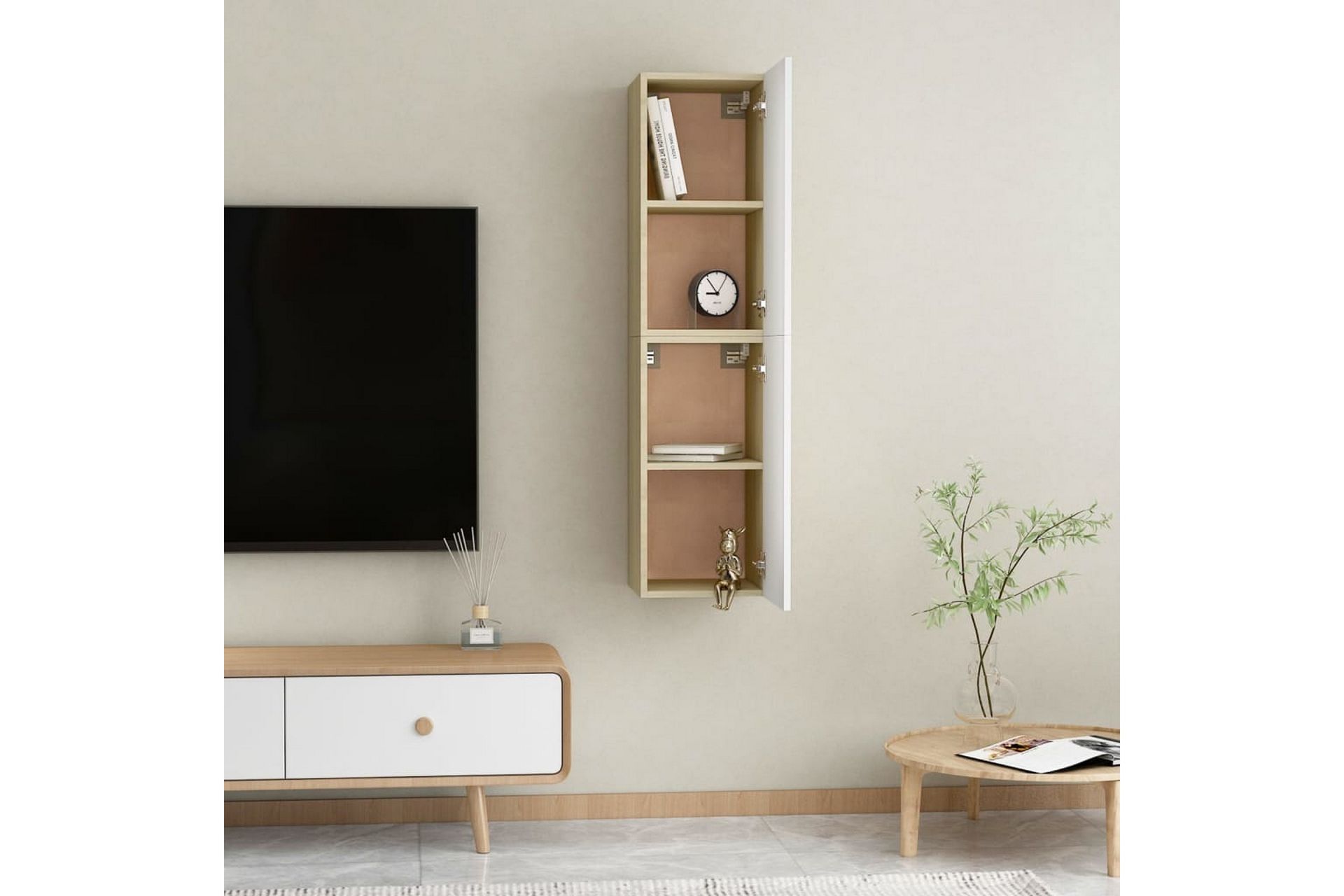 TV-benker 2 stk hvit og sonoma eik 30,5x30x60 cm sponplate - Beige - Møbler - Mediamøbel & tv møbel - TV-benk & mediabenk