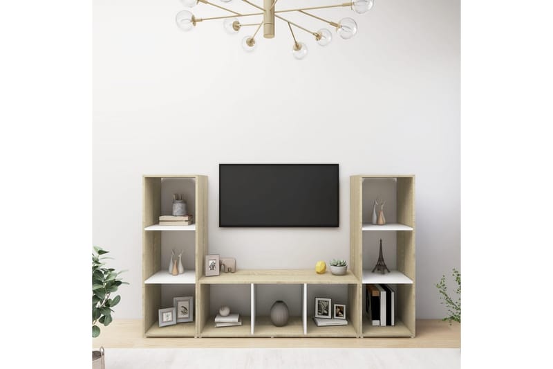 TV-benker 3 stk hvit og sonoma eik 107x35x37 cm sponplate - Beige - TV-skap