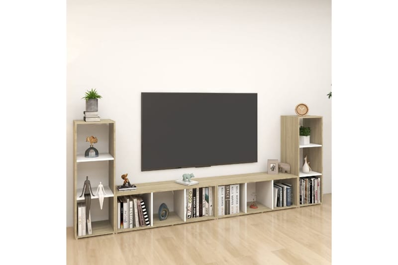TV-benker 4 stk hvit og sonoma eik 107x35x37 cm sponplate - Beige - TV-skap