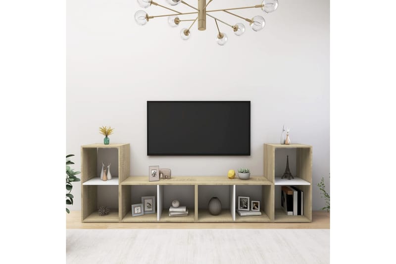 TV-benker 4 stk hvit og sonoma eik 72x35x36,5 cm sponplate - Beige - TV-skap