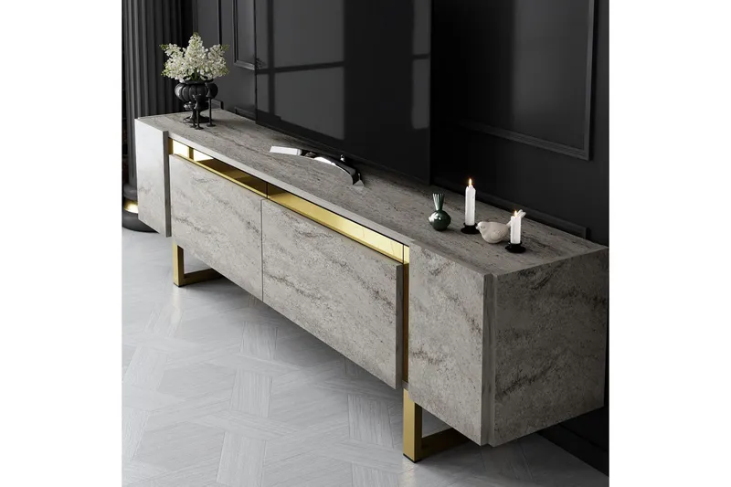 TV-bord Sozi Travertin / Gull - Travertin / Gull - Møbler - Mediamøbel & tv møbel - TV-benk & mediabenk