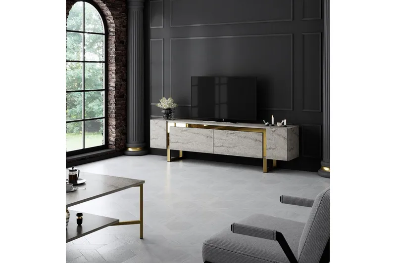 TV-bord Sozi Travertin / Gull - Travertin / Gull - Møbler - Mediamøbel & tv møbel - TV-benk & mediabenk