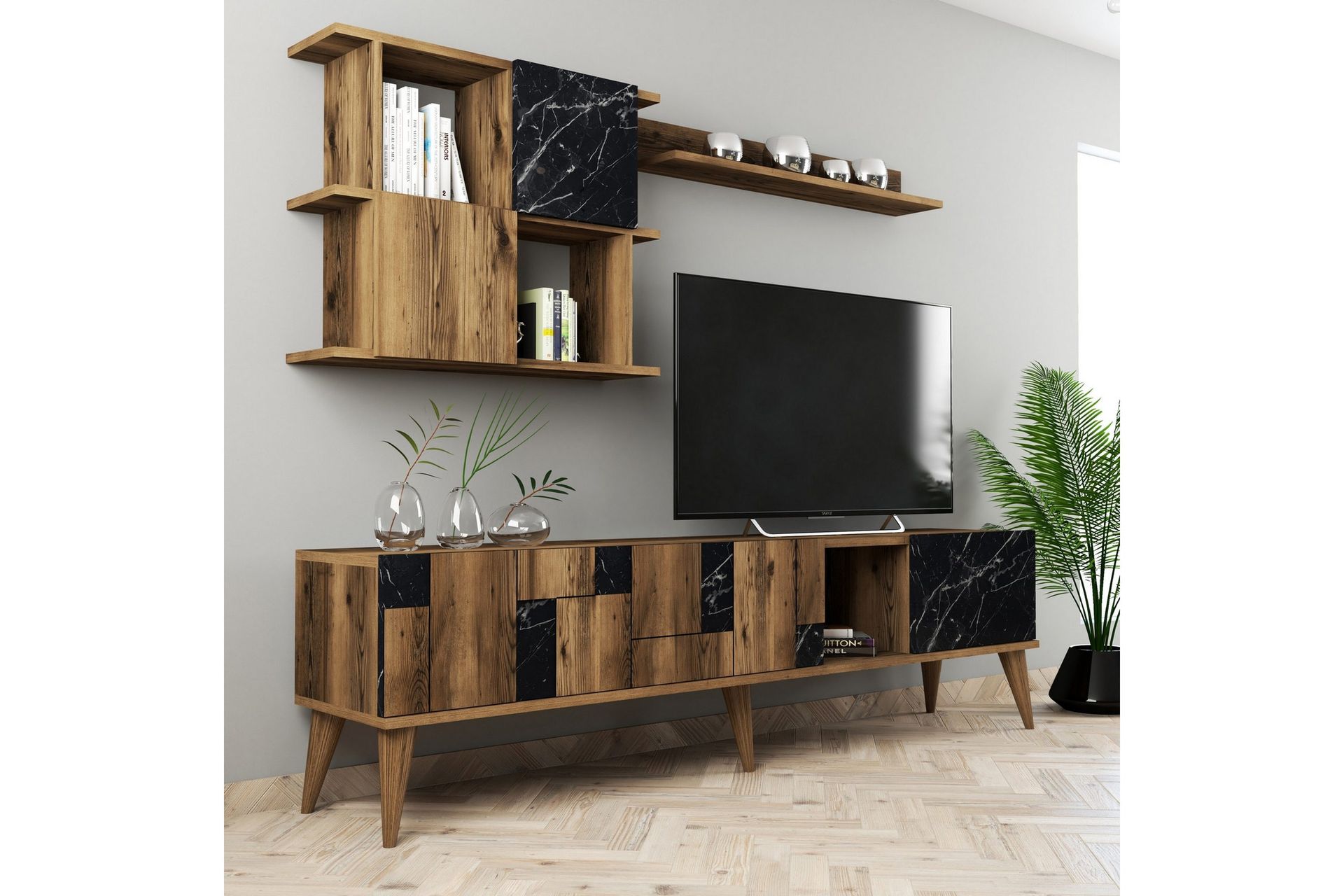 Alsacia TV-møbelsett 180 cm - Mørkebrun/Svart
