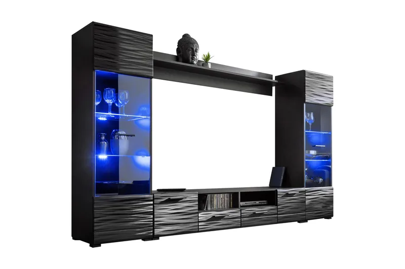 Apryl Modern TV mediamøbel med vitrineskap og LED-belysning, Svart / Tre / Glass