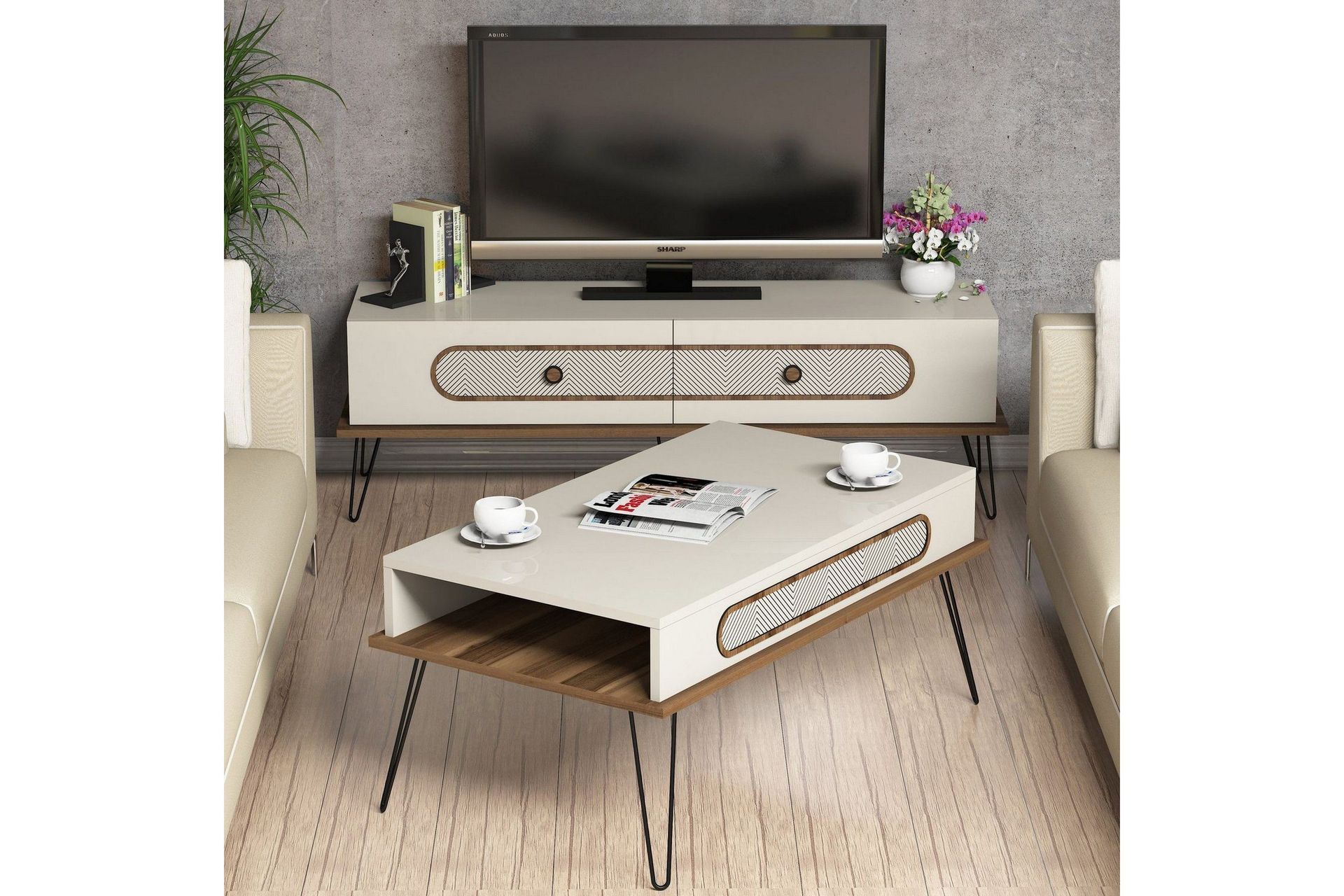 Hovdane TV-møbelsett 145 cm - Brun/Hvit