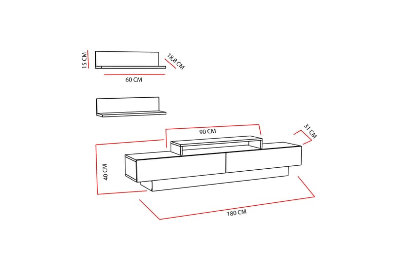 Rinorea Tv-møbelsett 180x40 cm - Hvit - Møbler - Mediamøbel & tv møbel - TV-møbelsett