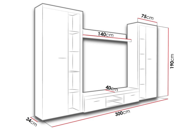 Rumba TV-møbelsett 300x34x190 cm - Beige / Brun - TV-møbelsett