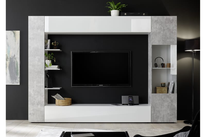 Sorano Veggkombinasjon 295 cm - Hvit/Grå - TV-møbelsett