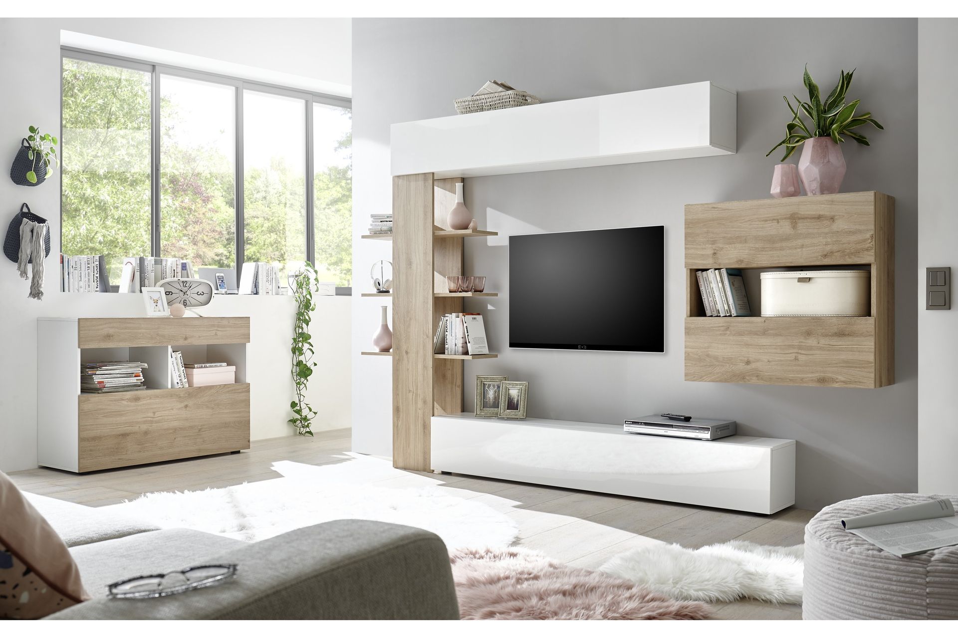 Sorano Veggkombinasjon 295 cm - Hvit/Tre/Natur - Møbler - Mediamøbel & tv møbel - TV-møbelsett