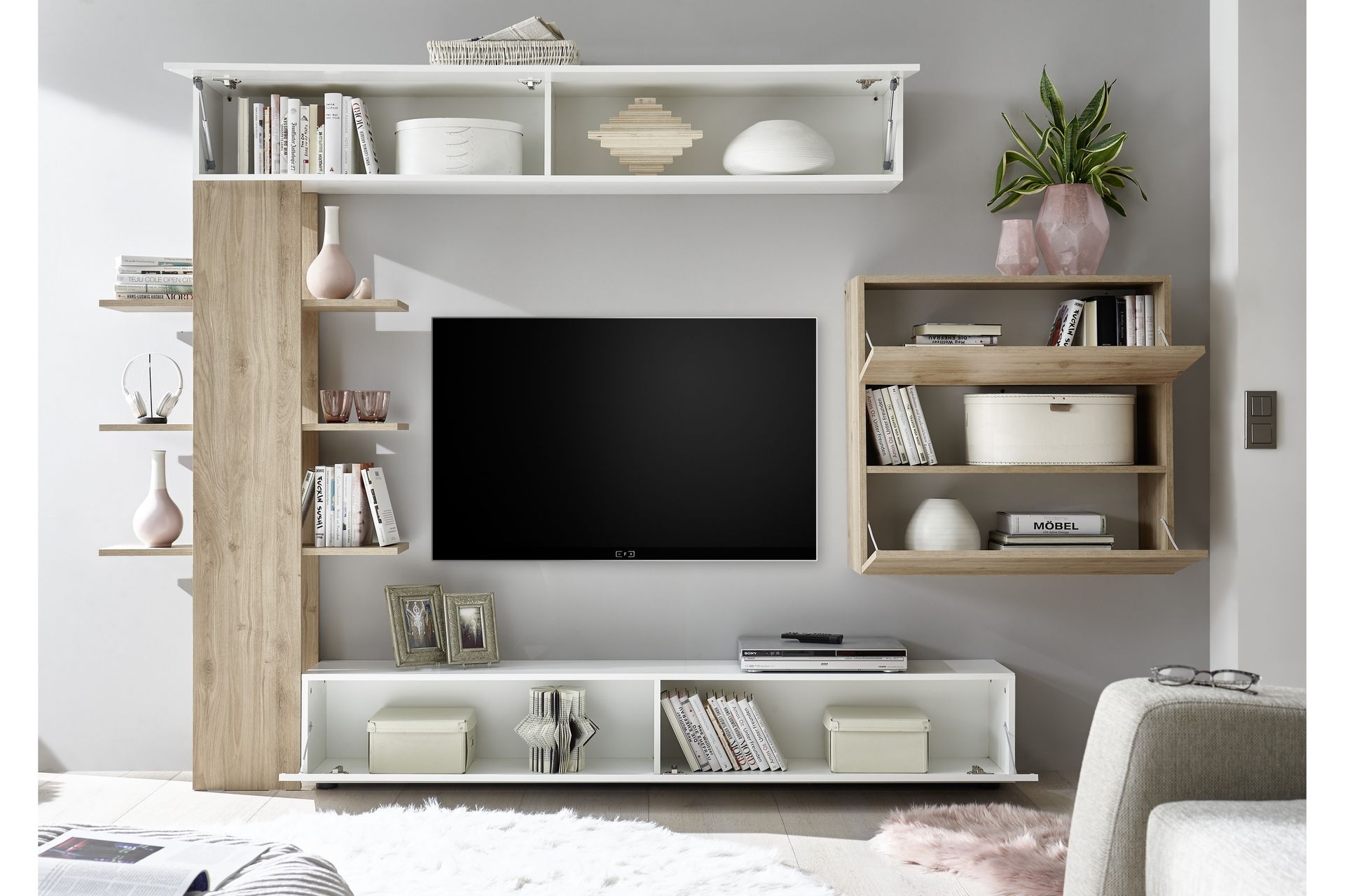 Sorano Veggkombinasjon 295 cm - Hvit/Tre/Natur - Møbler - Mediamøbel & tv møbel - TV-møbelsett