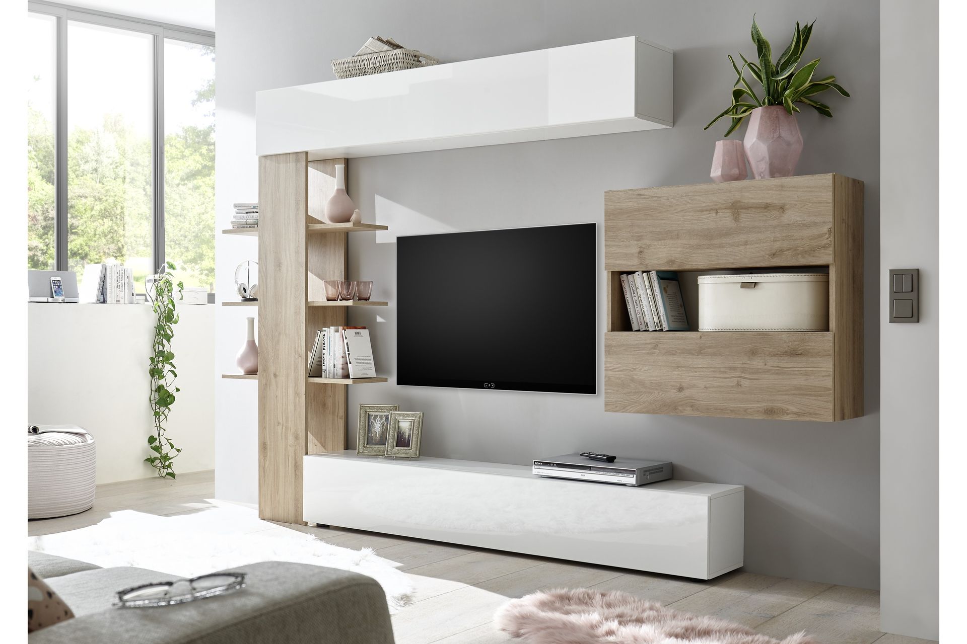 Sorano Veggkombinasjon 295 cm - Hvit/Tre/Natur - Møbler - Mediamøbel & tv møbel - TV-møbelsett