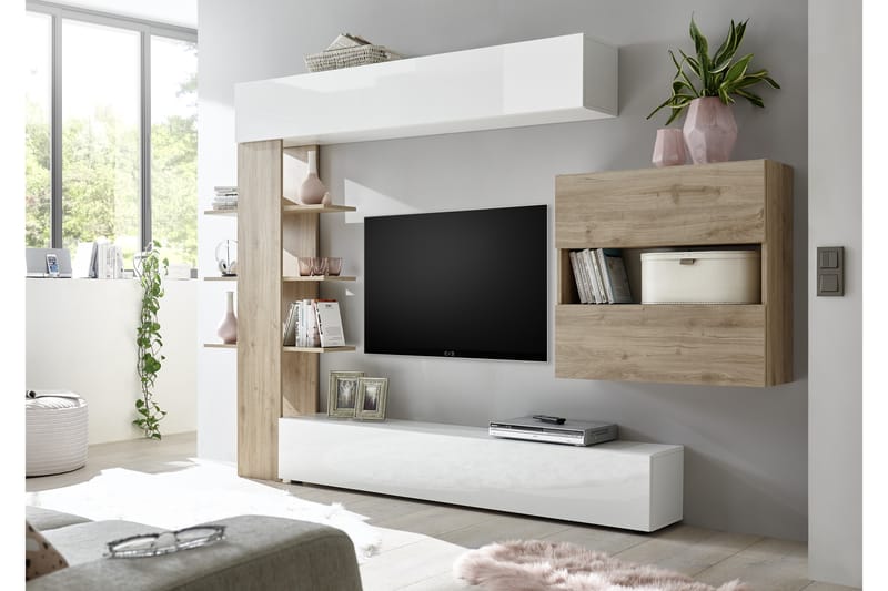 Sorano Veggkombinasjon 295 cm - Hvit/Tre/Natur - TV-møbelsett