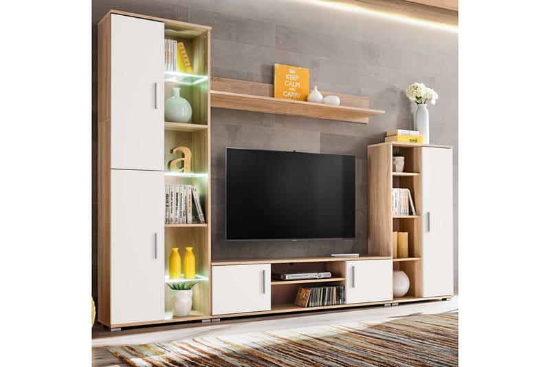 TV-veggenhet med LED-lys sonoma eik og hvit - Sonoma Eik/Hvit - TV-møbelsett