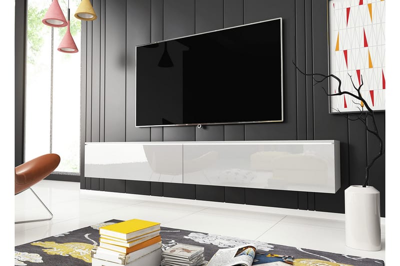 Cuguen Vegghengt TV-benk med oppbevaring 180x32x30 cm - Hvit / Høyglans - Møbler - Mediamøbel & tv møbel - TV-skap