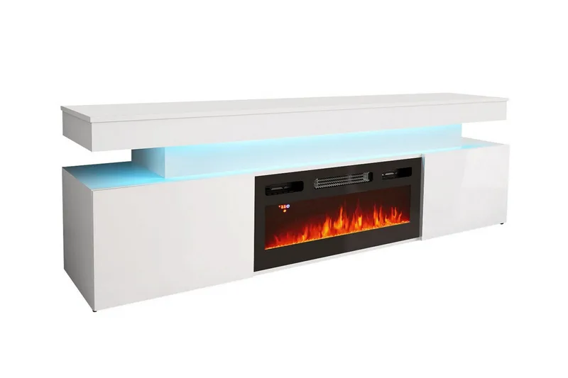 Glenndale TV benk med oppbevaring + LED kamin + Belysning 190 cm, Hvit