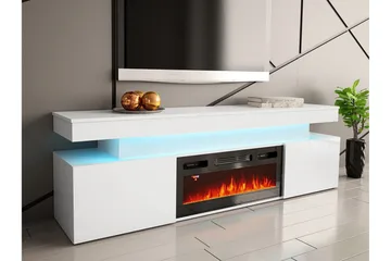Glenndale TV benk med oppbevaring + LED kamin + Belysning 190 cm - Hvit - Møbler - Mediamøbel & tv møbel - TV-benk & mediabenk