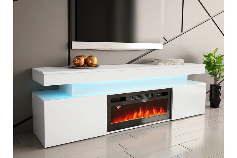 Glenndale TV benk med oppbevaring + LED kamin + Belysning 190 cm - Hvit - Møbler - Mediamøbel & tv møbel - TV-benk & mediabenk
